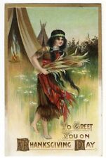Indian Maiden THANKSGIVING Postcard 1913 Native American Teepee Corn picture