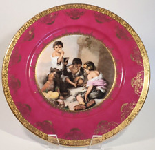 JKW Josef Kuba Red w Gilt Filigree & Rim Cabinet Plate Peasant Children w Dog picture