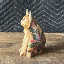 Unusual Antique Hand Painted Wood Folk Art Sculpture Cat With Flowers And Leaves picture