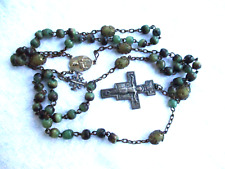 Antique Rosary Beads Black Green Jade Filigree Caps 925 Sterling Silver Crosslet picture