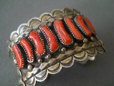 EXCEPTIONAL K. JONES Native American Coral Row Sterling Silver Stamped Bracelet picture