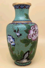 Vintage Cloisonné Chinese Vase Green Gold Enamel Brass 7
