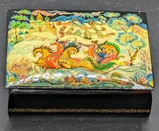 Vintage Russian Hinged Lacquer Box 3 Horses Winter Drawn Sleigh 5