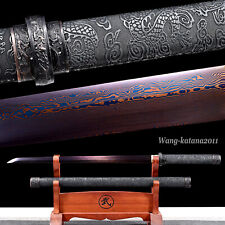 78CM Black Dragon Ninjato Blue&Red Damascus Folded Steel Japanese Samurai Sword picture