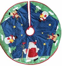 Vintage Quilted Christmas Tree Skirt 39” Santa Reindeer Snowman Blue Red Green picture