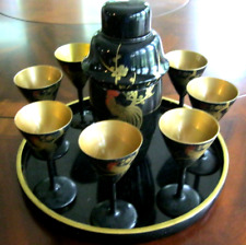 Antique Japanese Lacquered Wood Cocktail Shaker & 8 Glasses Set On Round Tray NM picture