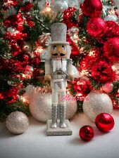 15” White & Silver Glitter Drummer Wooden Nutcracker Christmas Decor New picture