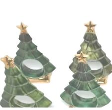 4 Vtg. Ceramic Christmas Tree Napkin Rings Green Star & Foot Gold Tone picture