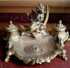 Vtg Antq 1880s VICTORIAN Gilded double INKWELL Cherub on Cresent Moon MUST SEE  picture