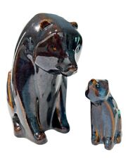 Mid Century Modern Ceramic Bear Scandinavian Blue Brown Glaze, Mom And Cub picture