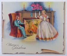Vtg Lovely Christmas Card-VICTORIAN COUPLE BY THE FIREPLACE picture