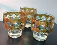 3 Vintage Culver Valencia 22K Cocktail Bar Glasses Gold Green Diamond Pattern picture