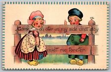 Antique Valentines Postcard Dutch Children Fence Come On Over On My Side 1913 J3 picture