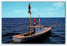c1950's Three Tuna Fishermen on Watch, Casco Bay Maine ME Vintage Postcard picture