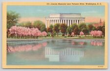 Washington DC Lincoln Memorial Near Potomac River Cherry Trees Linen Postcard picture