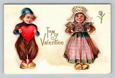 Valentines Day Greeting, Dutch Blue Hat Boy Giving Heart, Vintage Postcard picture