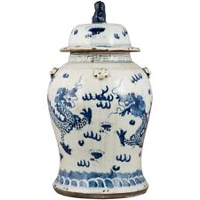 X-Large Chinoiserie Blue & White Imperial Dragon Temple Jar 18.5