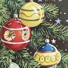 Vintage Mid Century Christmas Greeting Card Ornaments Bulbs Stars In Tree picture