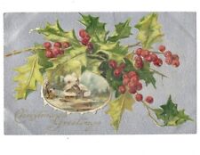 c1905 Christmas Greetings Silver Holly Berry House Embossed Undivided Postcard picture