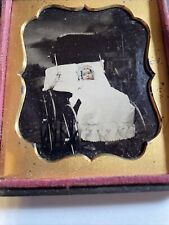 1/9 PLATE TIN TYPE BABY COLORED CHEEKS BONNET, LONG GOWN CANOPY BABY BUGGY picture