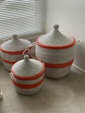 Set Of 3 L 29 M28 H15 large african basket with lid,storage, Orange,white picture
