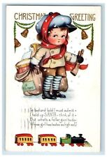 1921 Christmas Greetings Little Boy With Toys And Train Embossed Postcard picture