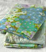 Vintage 70s Pequot 'Sun Garden' Double/Full Flat Fitted Sheets Floral Blue FLAWS picture