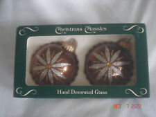 PRETTY BOXED SET 2 Vtg. LARGER KREBS GLASS ORNAMENTS Dark Brown w/ Daisy Flower picture