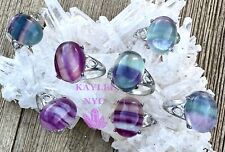 Wholesale Lot 7 Pcs Natural Rainbow Fluorite White Bronze Rings Crystal Healing picture