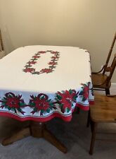 Vintage Kmart Christmas Tablecloth Poinsettias Oval 82” x 63” - As Is picture