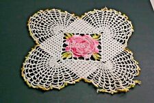 Vintage Handmade Crochet 3D Pink Rose Lace Doily Pink White Cottage Centerpiece  picture