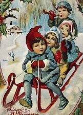 c.1910 Children Sledding Playing Christmas Postcard Color Lithograph #75 picture