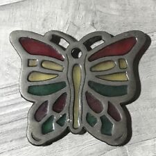 Vintage Green, Yellow Red Stained Glass Metal Footed Butterfly Trivet  W13 picture