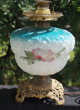 Antique 1890s Consolidated EMBOSSED FLOWERS Milk Glass Oil Lamp - HAND PAINTED picture