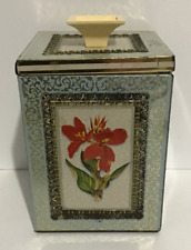 Vintage Decorative Embossed Square Tin w/Retro Knob on Lid Floral Light Aqua 50s picture