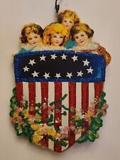 CHILDREN Behind USA FLAG SHIELD *  Glitter JULY 4th PATRIOTIC ORNAMENT * Vtg Img picture