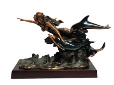 Elegant Mermaid and Dolphins Figurine on Wood Base picture