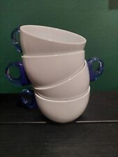 4 Vintage Guzzini Tea Coffe Cups Mugs White Porcelain & Blue Acrylic Handle  picture