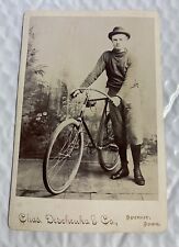 Circa 1890s Cabinet Card cyclist with Bicycle - Descheuka & Co Spencer Iowa picture
