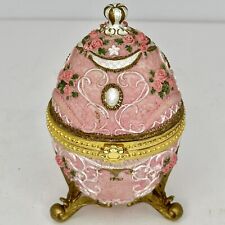 Vintage Footed Ornate Pink resin egg Felt Lined trinket box  Roses Jewelry picture