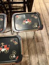 24-418 Cal Dak Vtg Metal TV Trays FOLDING Wagon Carriages 3 Red And Black  picture