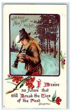 c1905 New Year Wishes Boy Clarinet Horn Winter Snow Unposted Antique Postcard picture