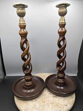 Vintage MCM Pair Of Wood And Brass Candlestick Holders 14 1/2” X 6 1/2” picture
