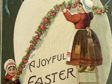Easter Postcard Joyful Dutch Children Decorate Large Egg Roses Garland Ladder picture