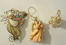 Lot of 3 Christmas Tree Ornaments Two Angels Pink White Resin Shell Beaded Bell  picture