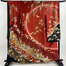 63.4inc Japanese Kimono SILK FURISODE Fan Crane Red picture