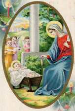 1918 Angels Baby Jesus Mary Unstrings Fish Fishing Net Merry Christmas Postcard picture