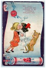 c1905 Valentine Little Sweetheart Kissing Romance Seal Dog Antique Postcard picture