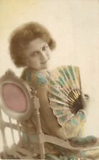 c1920s Hand-Colored French RPPC Postcard Seated Woman w/ Fan & Flirty Gaze picture