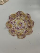 Vintage Hand Crochet Round Doily White w/ Purple/Yellow picture